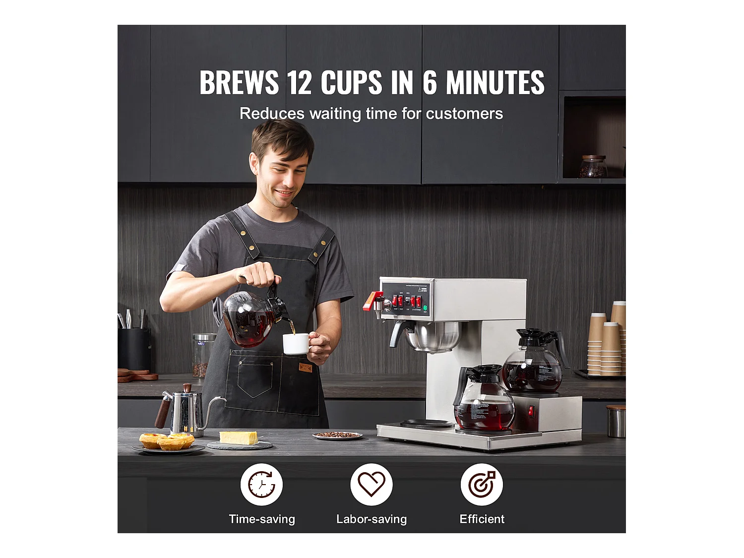 Cafetière à Filtre SucceBuy Commerciale 12 Tasses avec 3 Carafes et Réchauds, Prise d'Eau Automatique pour Restaurant, Bureau, Café