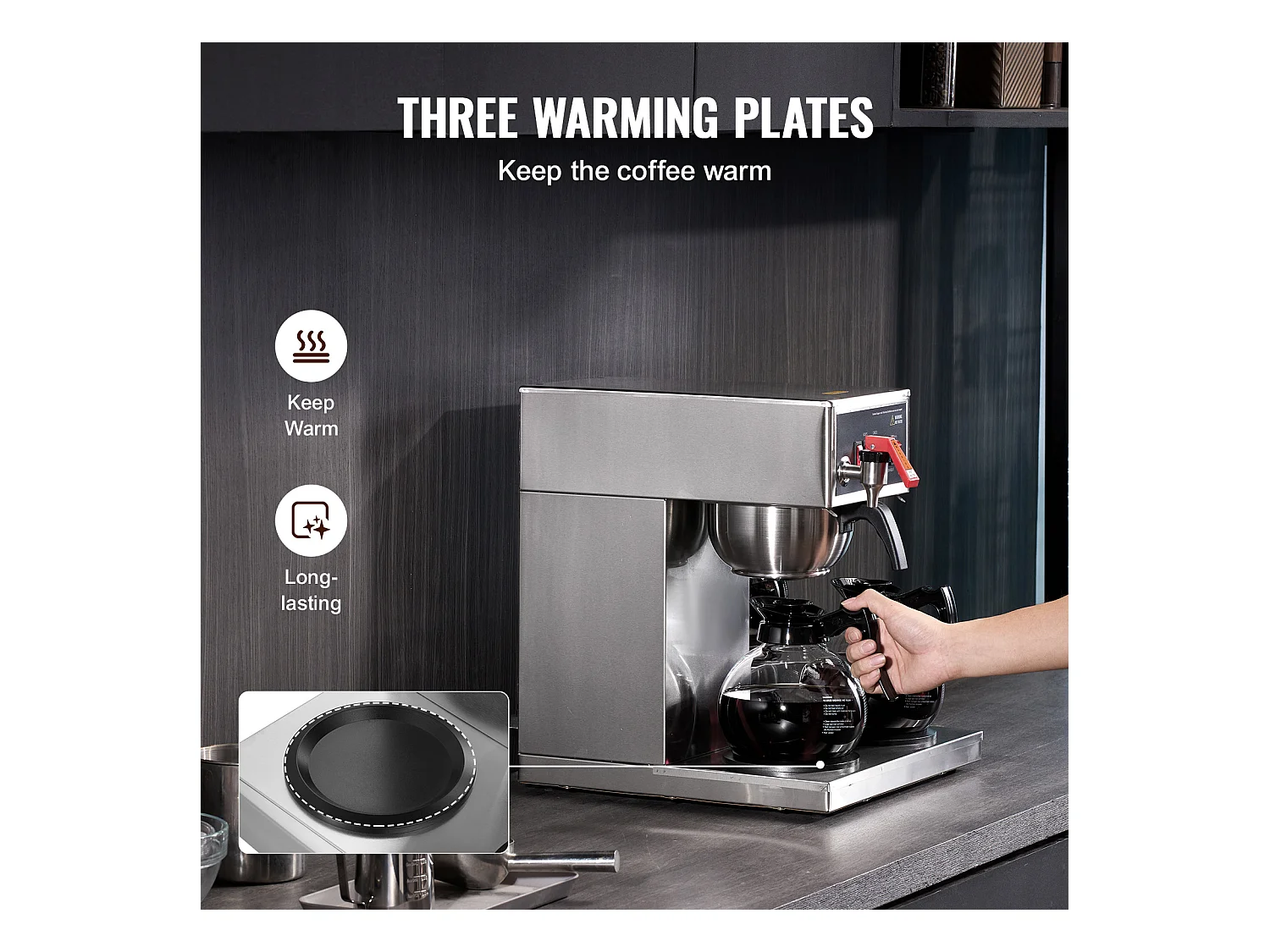 Cafetière à Filtre SucceBuy Commerciale 12 Tasses avec 3 Carafes et Réchauds, Prise d'Eau Automatique pour Restaurant, Bureau, Café