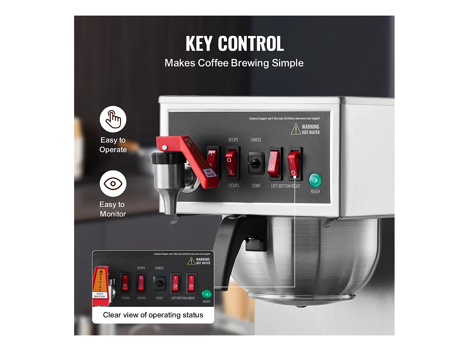 Cafetière à Filtre SucceBuy Commerciale 12 Tasses avec 3 Carafes et Réchauds, Prise d'Eau Automatique pour Restaurant, Bureau, Café