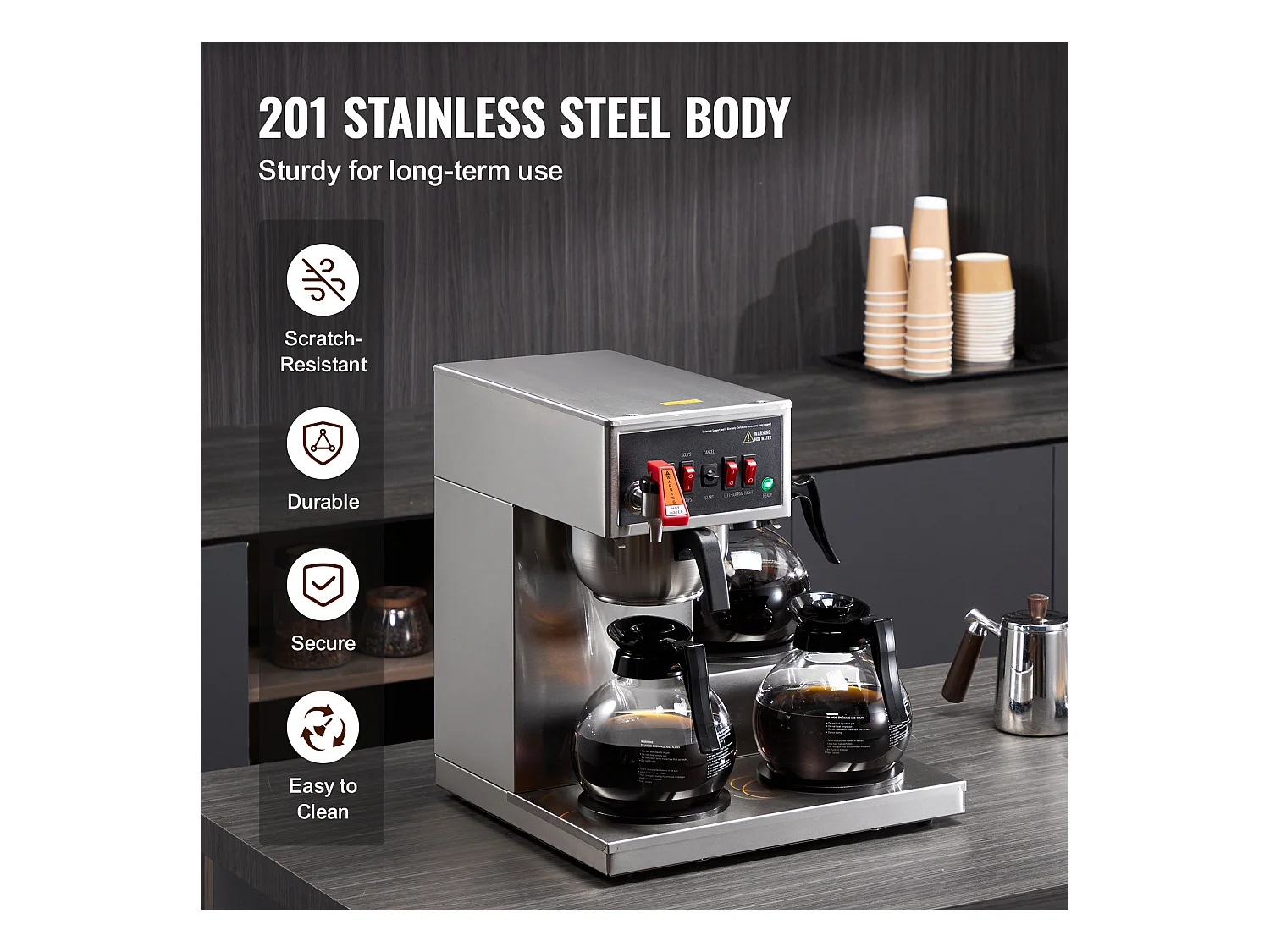 Cafetière à Filtre SucceBuy Commerciale 12 Tasses avec 3 Carafes et Réchauds, Prise d'Eau Automatique pour Restaurant, Bureau, Café