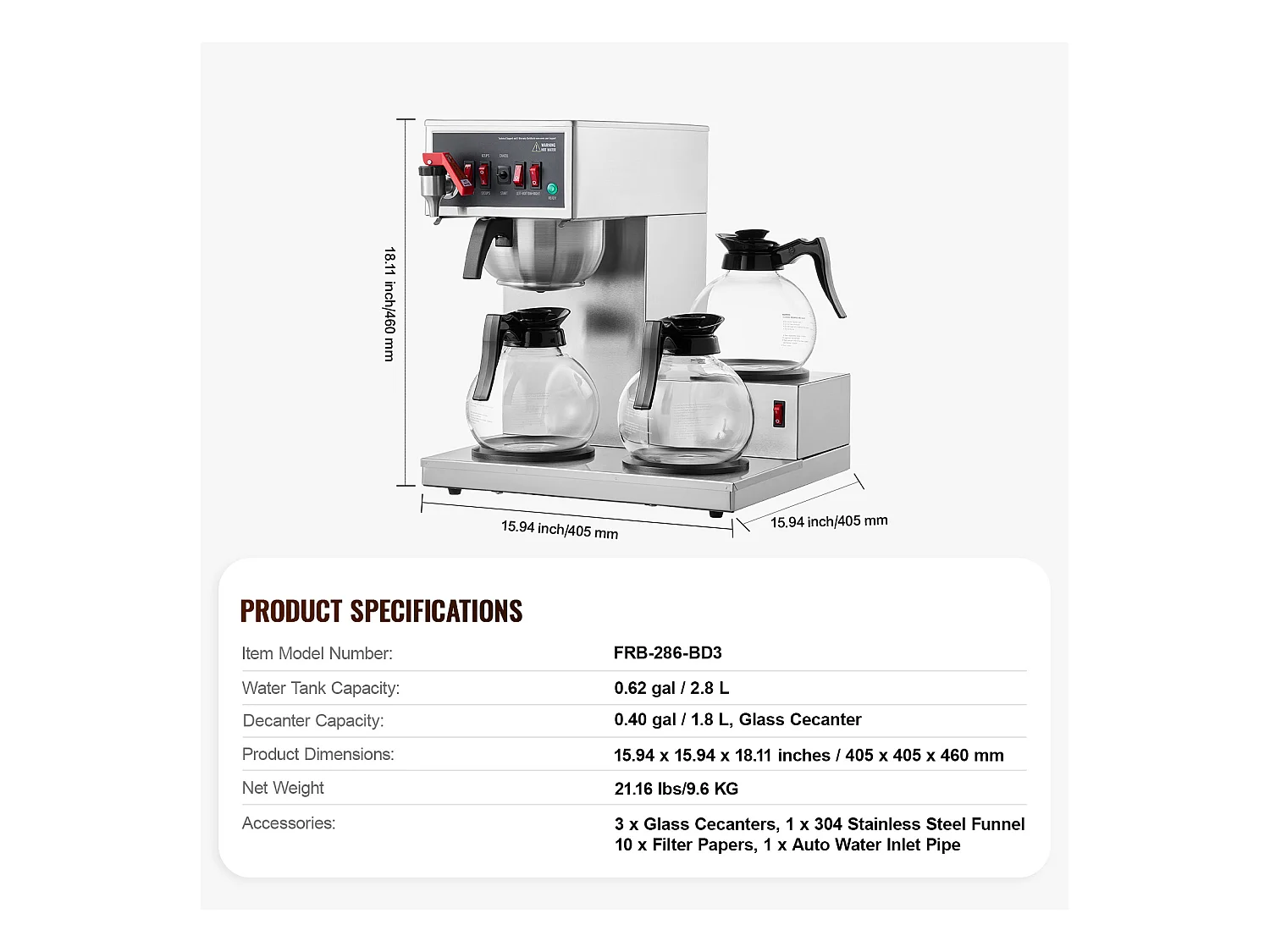 Cafetière à Filtre SucceBuy Commerciale 12 Tasses avec 3 Carafes et Réchauds, Prise d'Eau Automatique pour Restaurant, Bureau, Café