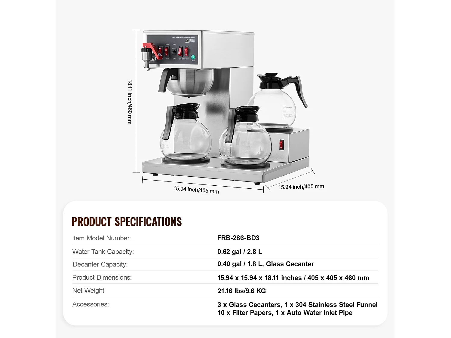 Cafetière à Filtre SucceBuy Commerciale 12 Tasses avec 3 Carafes et Réchauds, Prise d'Eau Automatique pour Restaurant, Bureau, Café