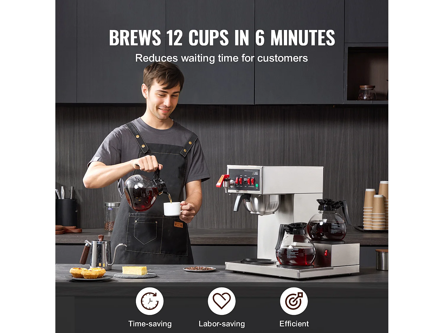 Cafetière à Filtre SucceBuy Commerciale 12 Tasses avec 3 Carafes et Réchauds, Prise d'Eau Automatique pour Restaurant, Bureau, Café