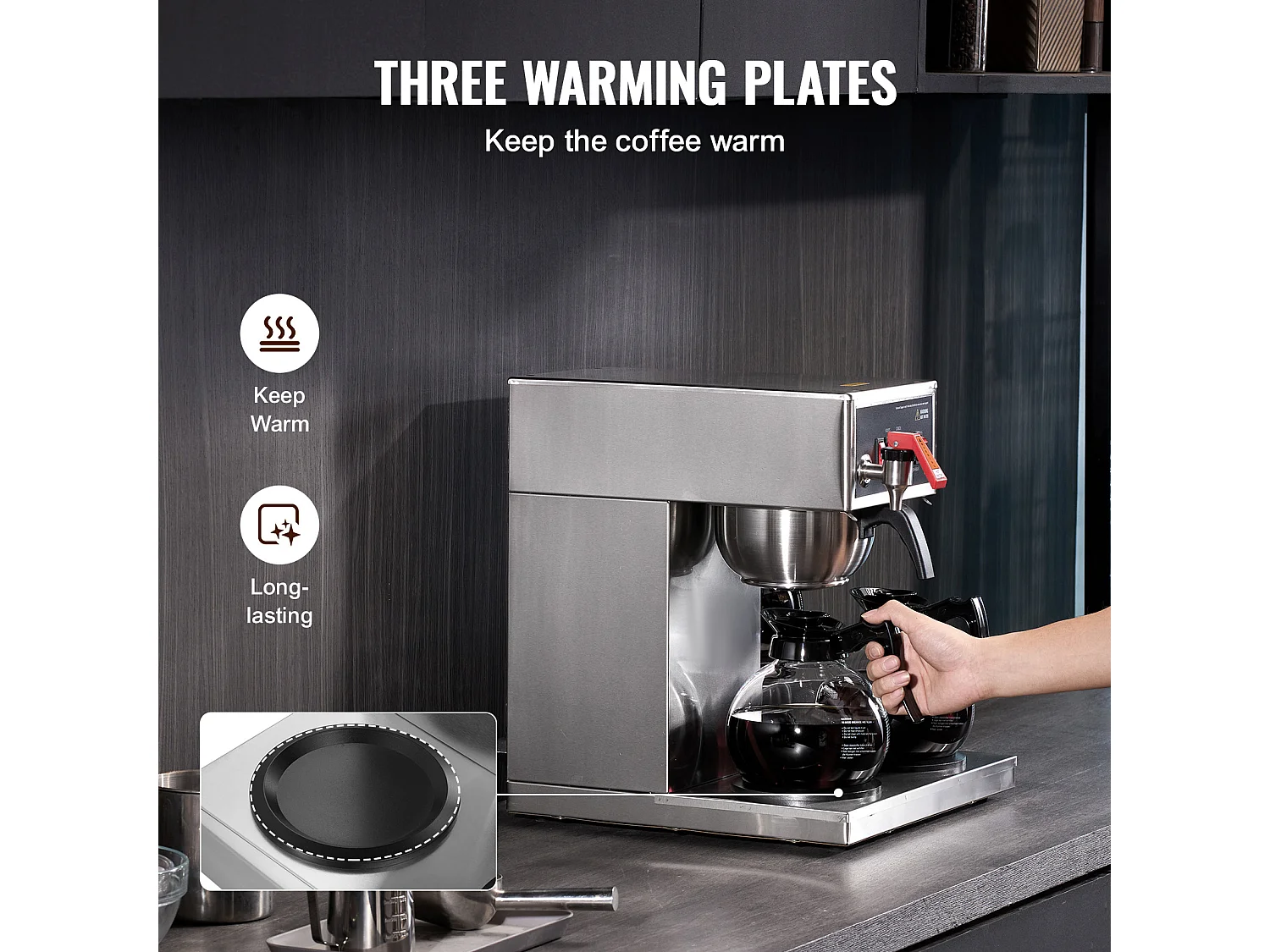 Cafetière à Filtre SucceBuy Commerciale 12 Tasses avec 3 Carafes et Réchauds, Prise d'Eau Automatique pour Restaurant, Bureau, Café