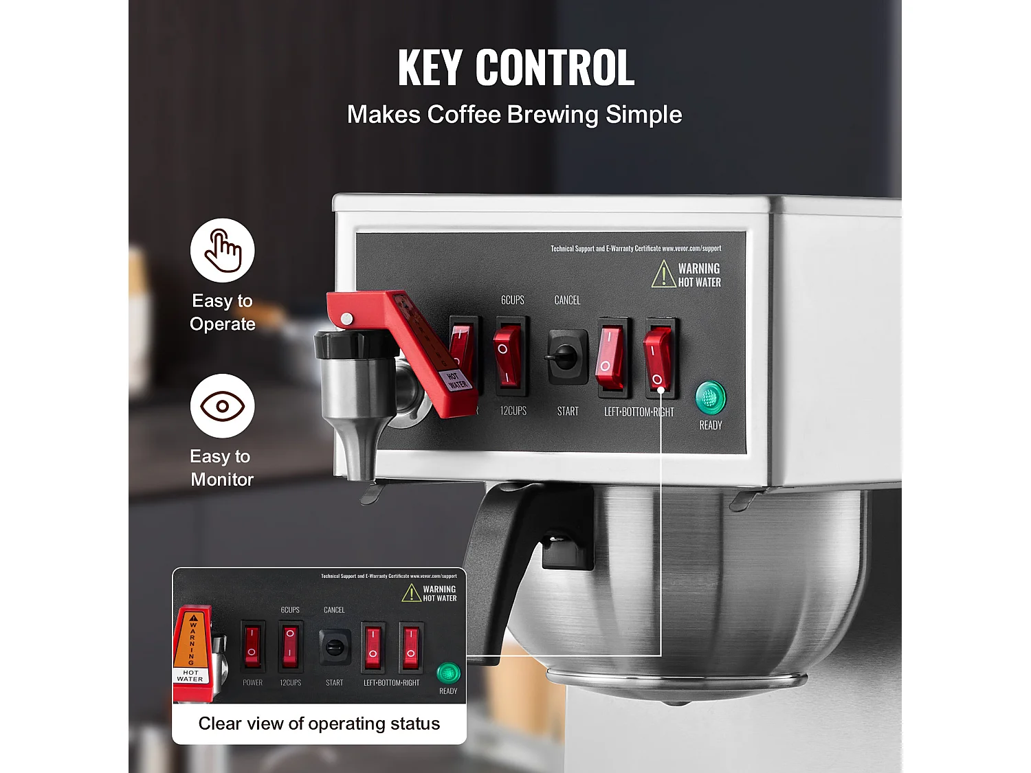 Cafetière à Filtre SucceBuy Commerciale 12 Tasses avec 3 Carafes et Réchauds, Prise d'Eau Automatique pour Restaurant, Bureau, Café