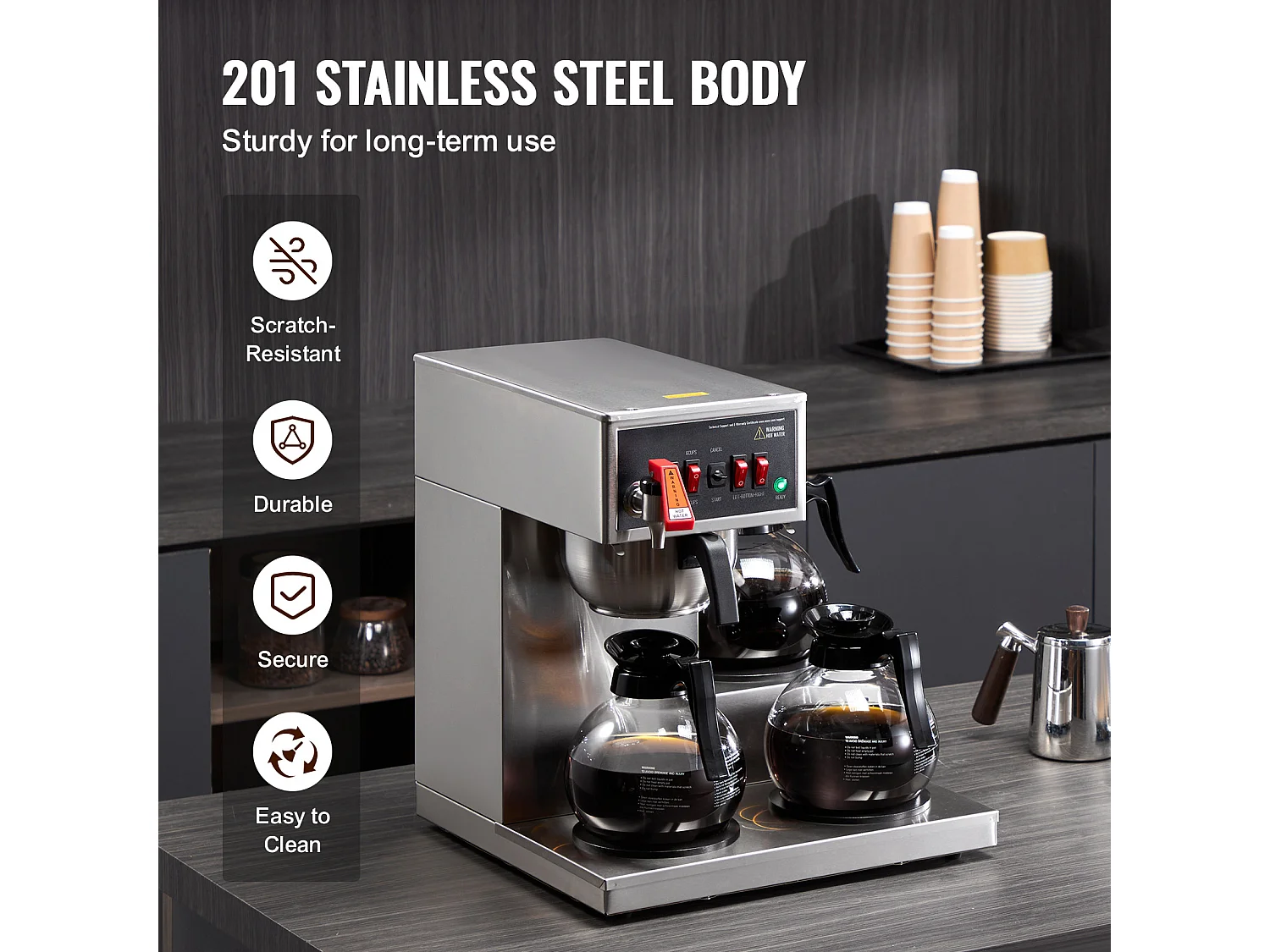 Cafetière à Filtre SucceBuy Commerciale 12 Tasses avec 3 Carafes et Réchauds, Prise d'Eau Automatique pour Restaurant, Bureau, Café