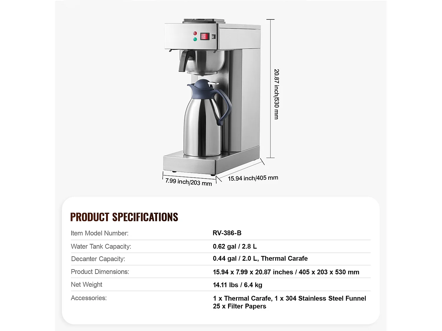 Cafetière à Filtre SucceBuy Commerciale 12 Tasses, Carafe Thermique pour Restaurant, Bureau
