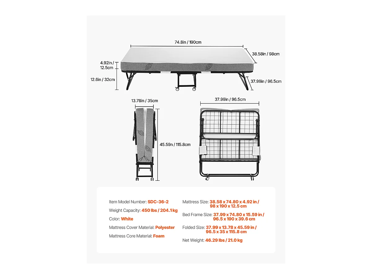 Lit d'Appoint SucceBuy, Lit Pliant avec Matelas en Mousse de 13 cm pour Adultes et Invités