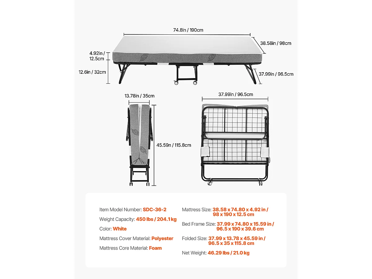 Extra Bed SucceBuy, Opvouwbaar Bed met 13 cm Dikke Schuimmatras voor Volwassenen en Gasten