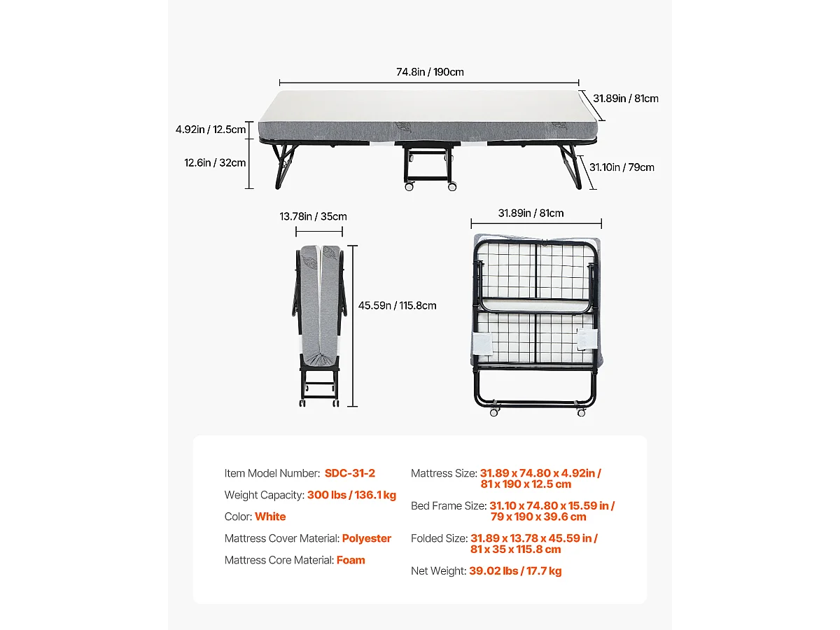 Zusatzbett SucceBuy, Klappbett mit 13 cm Schaumstoffmatratze für Erwachsene und Gäste