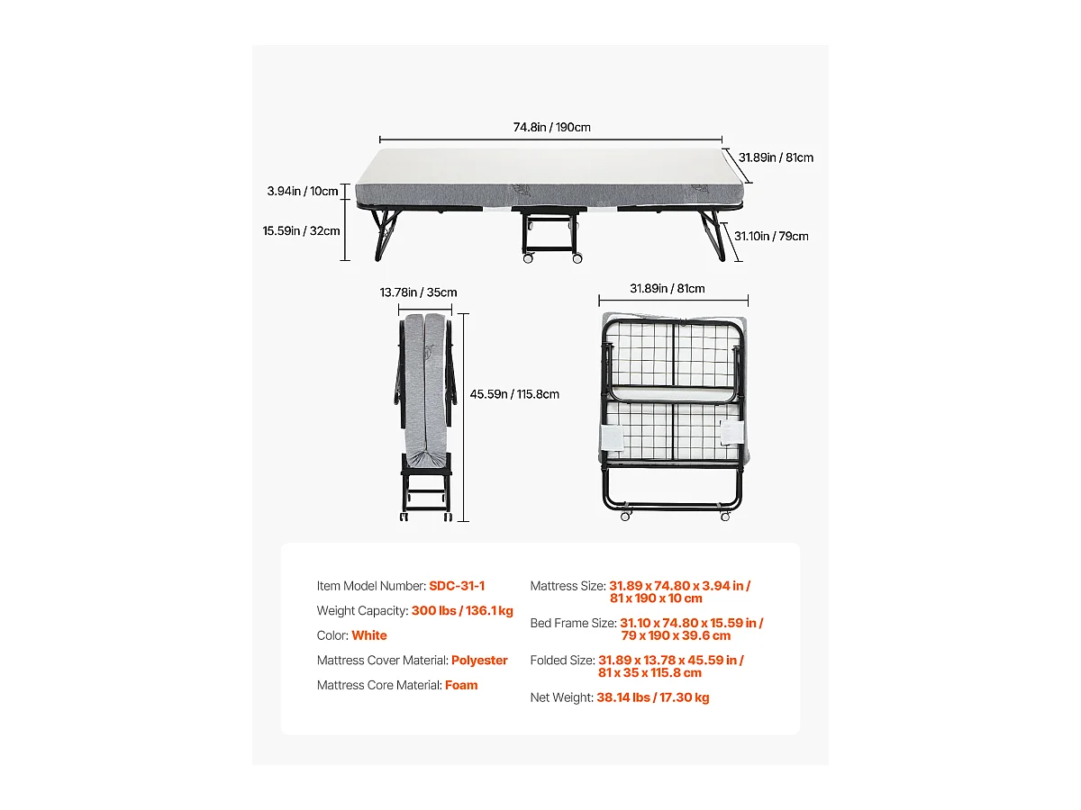 Lit d'Appoint SucceBuy, Lit Pliant avec Matelas en Mousse de 10 cm pour Adultes et Invités