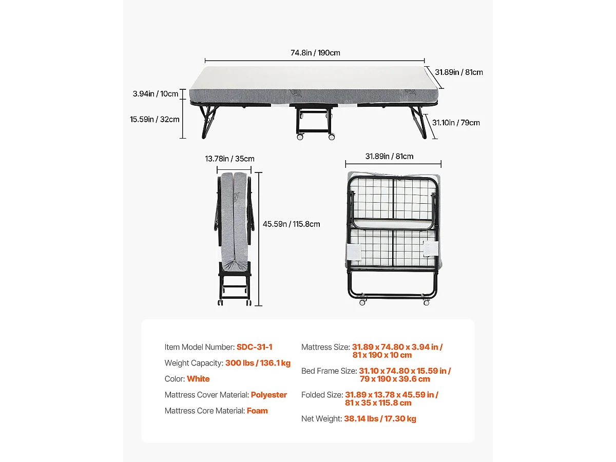 Extra Bed SucceBuy, Opvouwbaar Bed met 10 cm Dikke Schuimmatras voor Volwassenen en Gasten