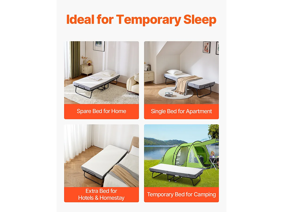 Extra Bed SucceBuy, Opvouwbaar Bed met 10 cm Dikke Schuimmatras voor Volwassenen en Gasten