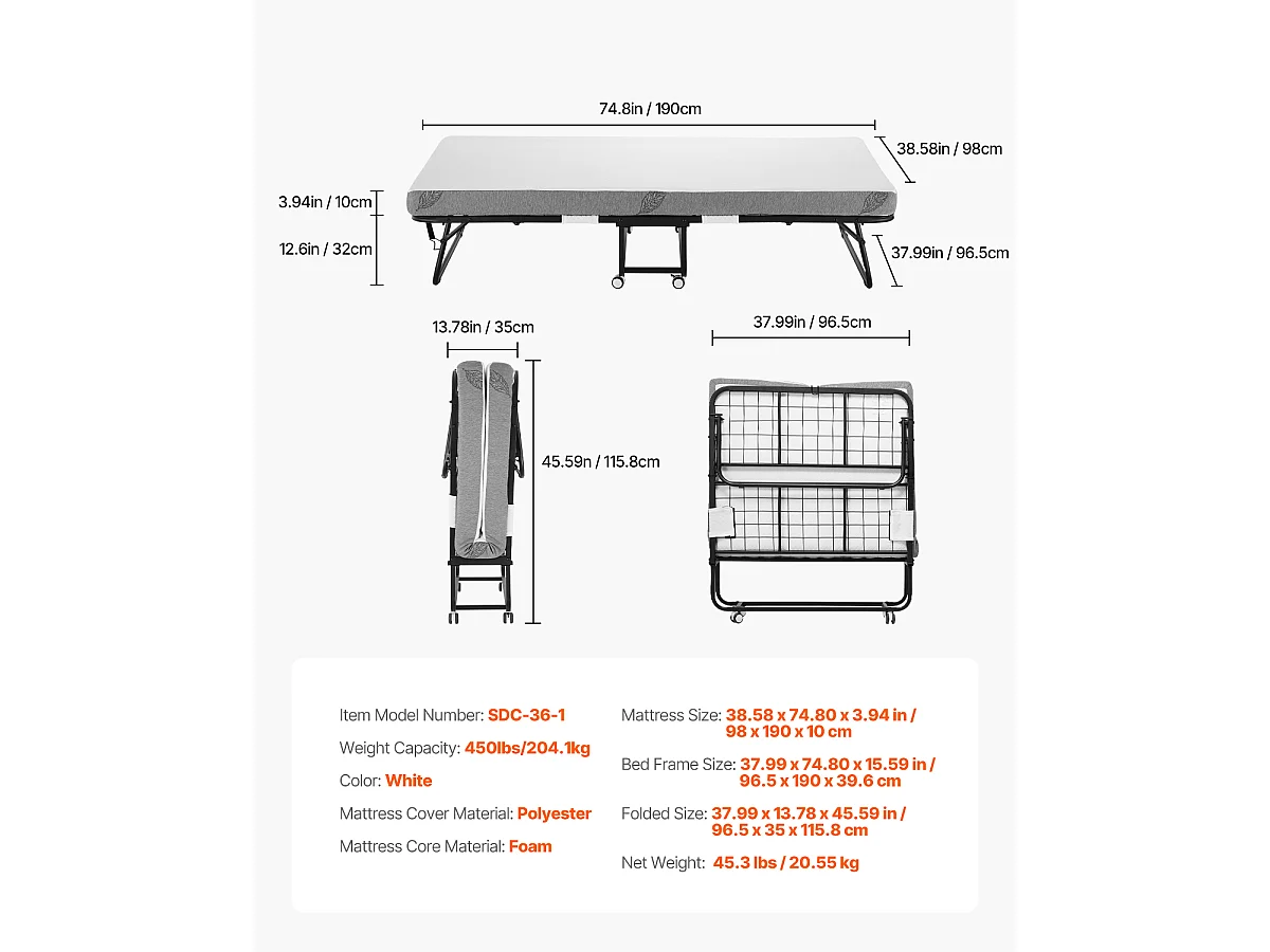 Lit d'Appoint double SucceBuy, Lit Pliant avec Matelas en Mousse de 10 cm pour Les Invités