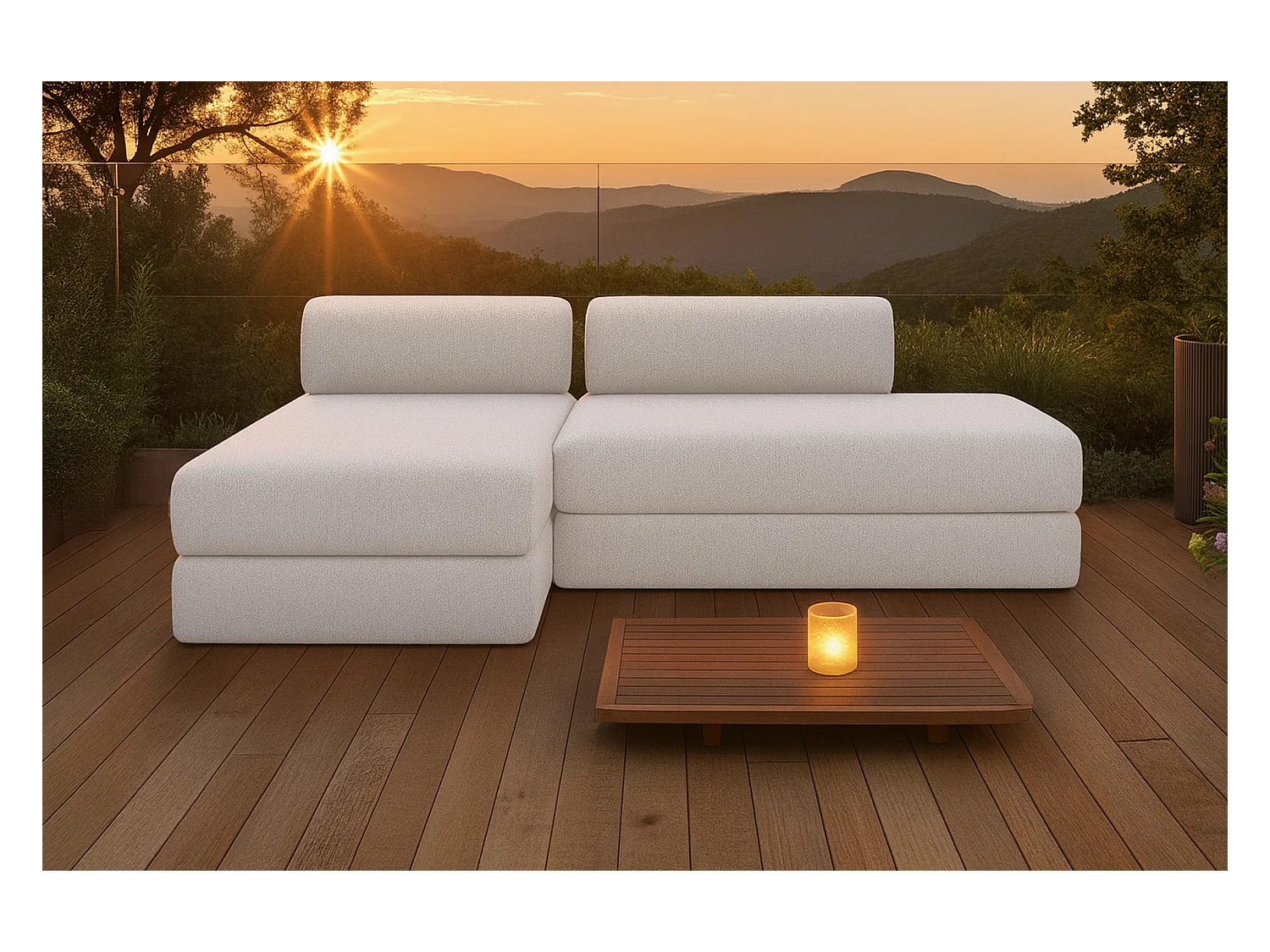 Canapé d'angle de jardin modulable et convertible 5 places - Tissu imperméable - Gris