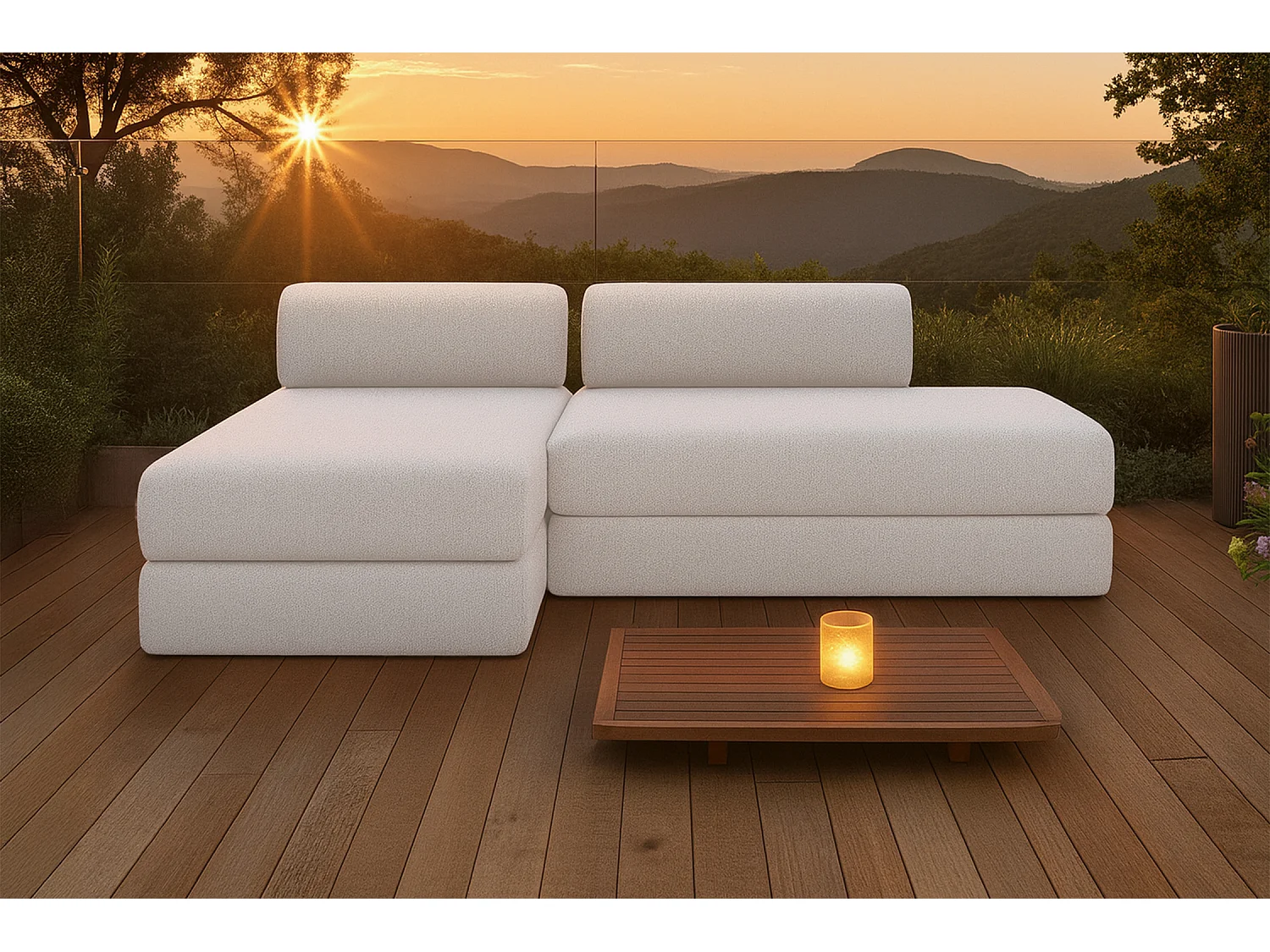 Canapé d'angle de jardin modulable et convertible 5 places - Tissu imperméable - Gris