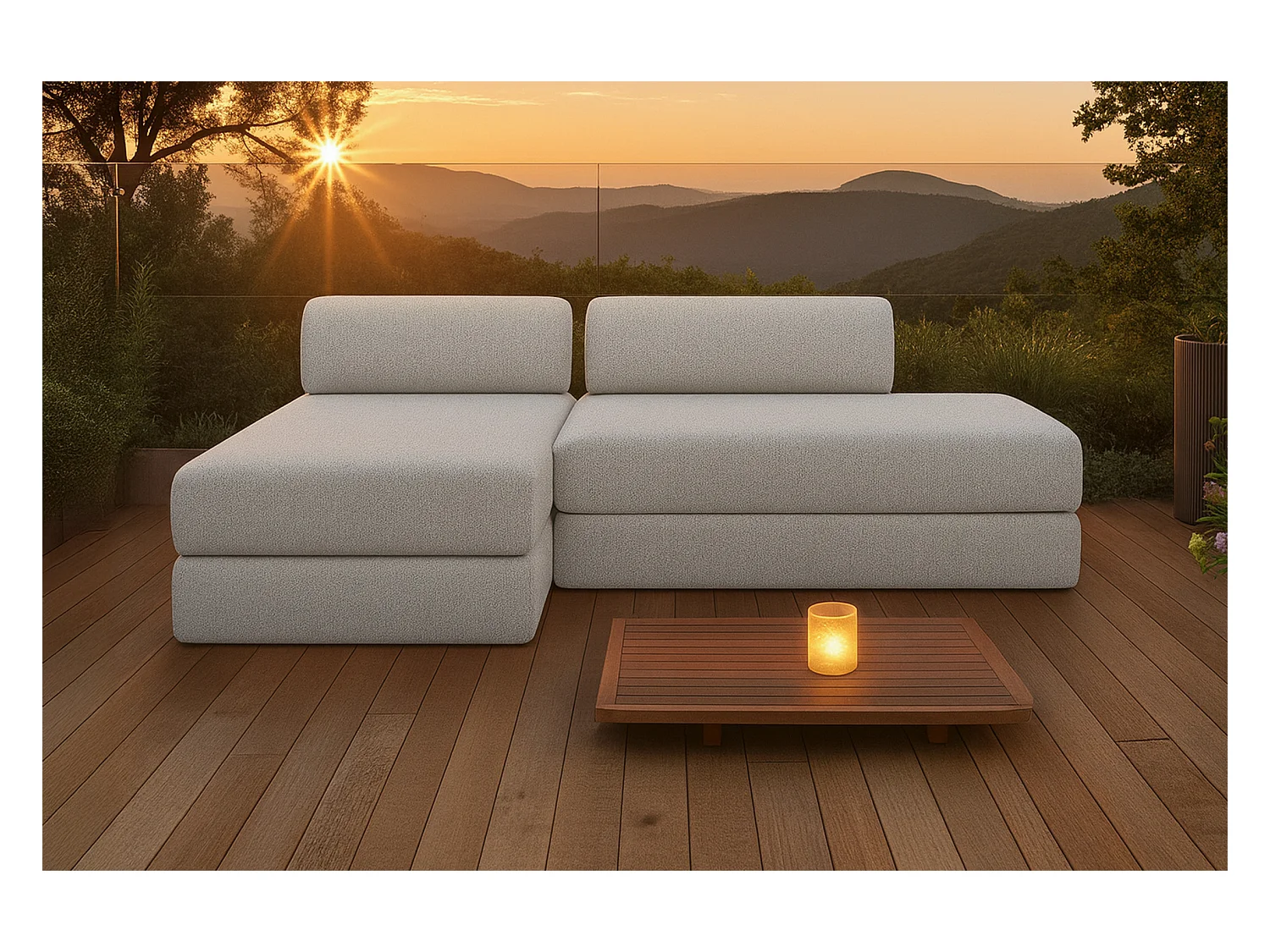 Canapé d'angle de jardin modulable et convertible 5 places - Tissu imperméable - Beige clair