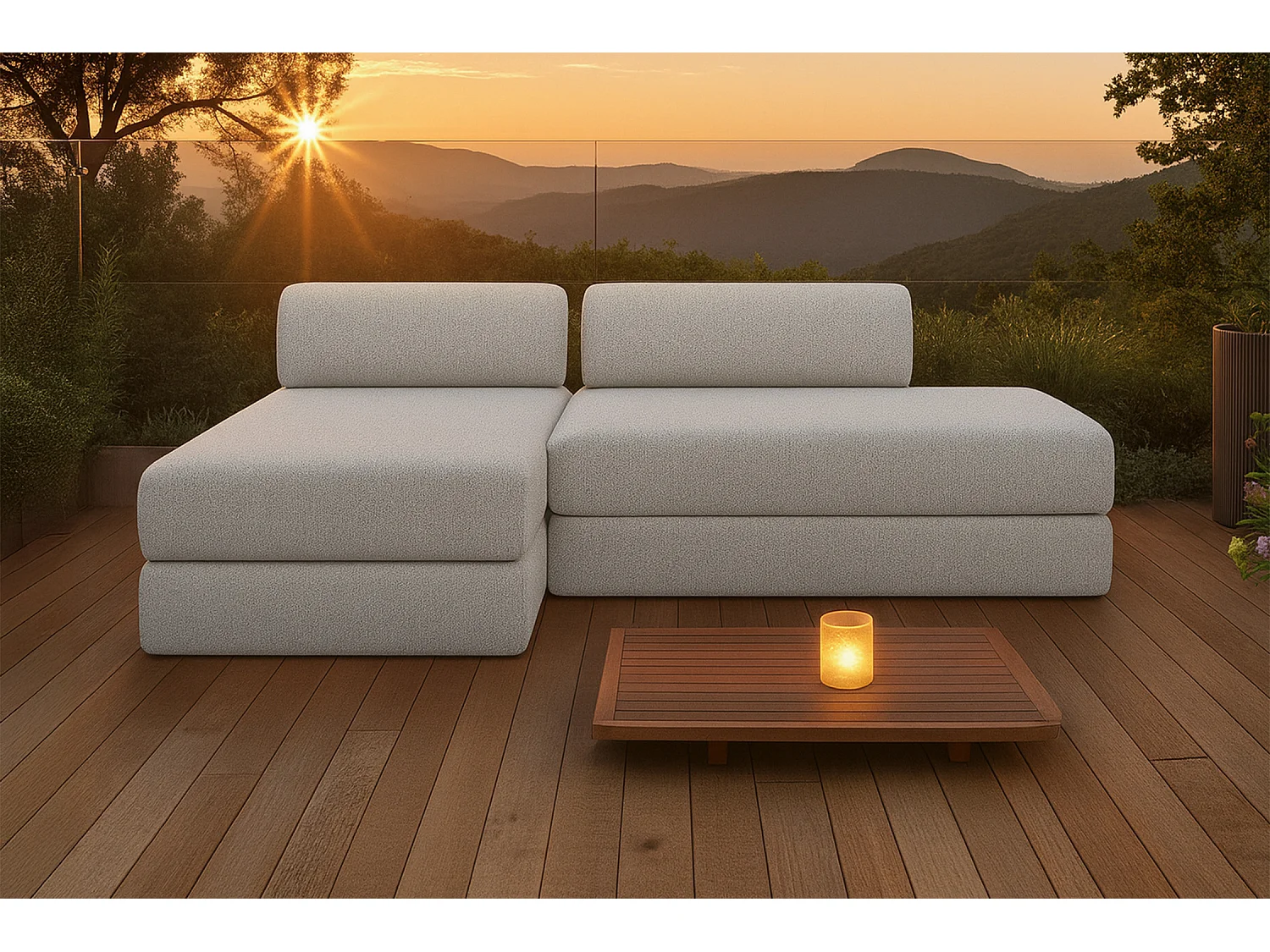 Canapé d'angle de jardin modulable et convertible 5 places - Tissu imperméable - Beige clair