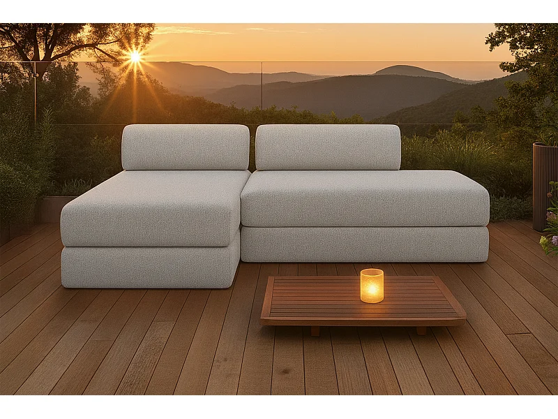 Canapé d'angle de jardin modulable et convertible 5 places - Tissu imperméable - Beige clair