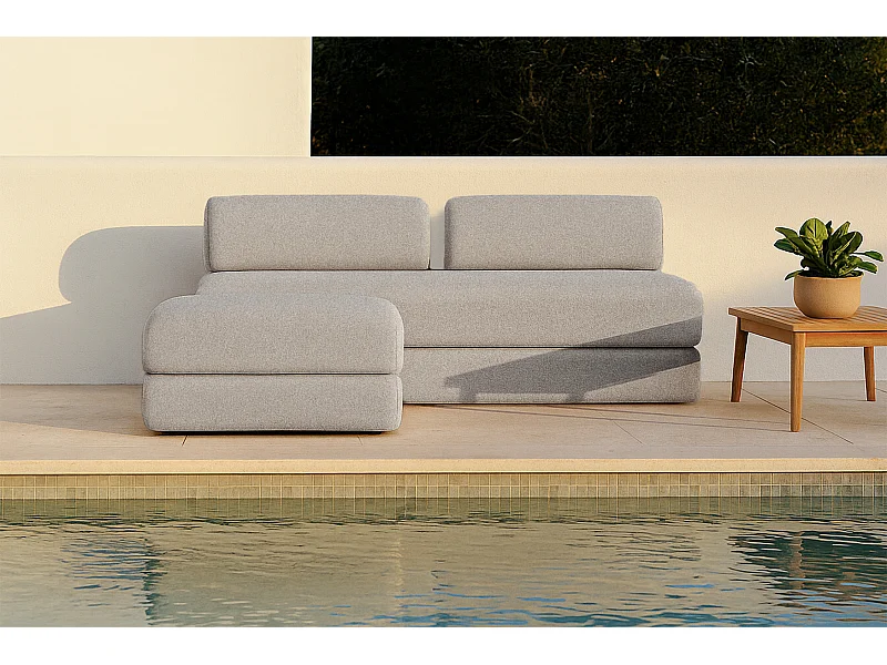 Canapé d'angle de jardin modulable et convertible 4 places - Tissu imperméable - Beige clair