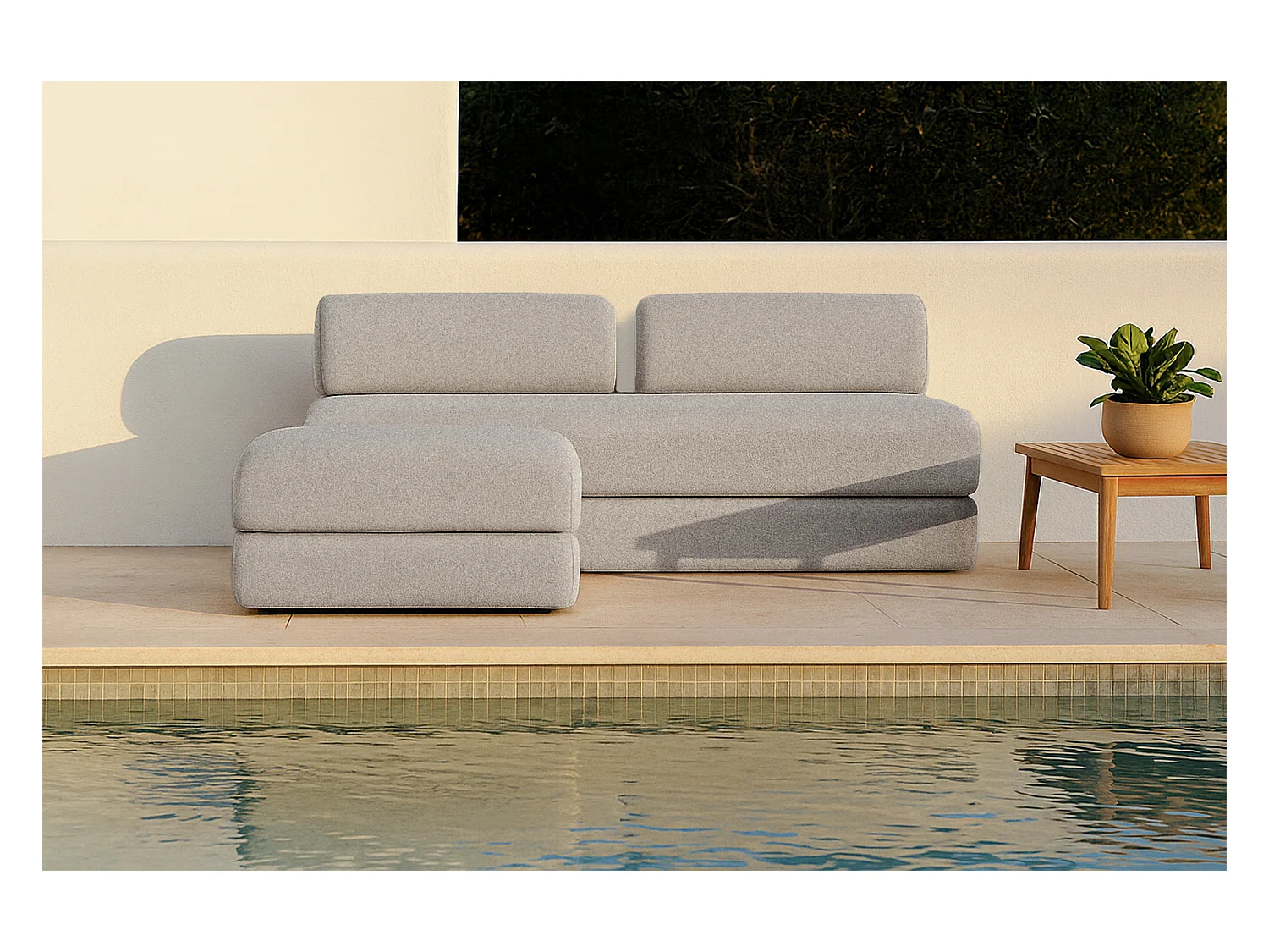 Canapé d'angle de jardin modulable et convertible 4 places - Tissu imperméable - Beige clair