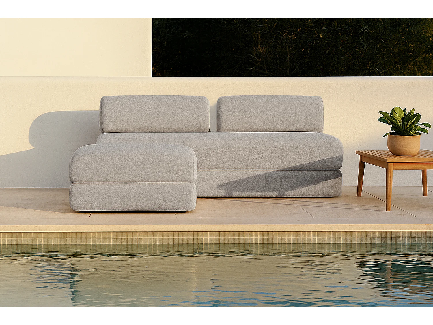 Canapé d'angle de jardin modulable et convertible 4 places - Tissu imperméable - Beige clair