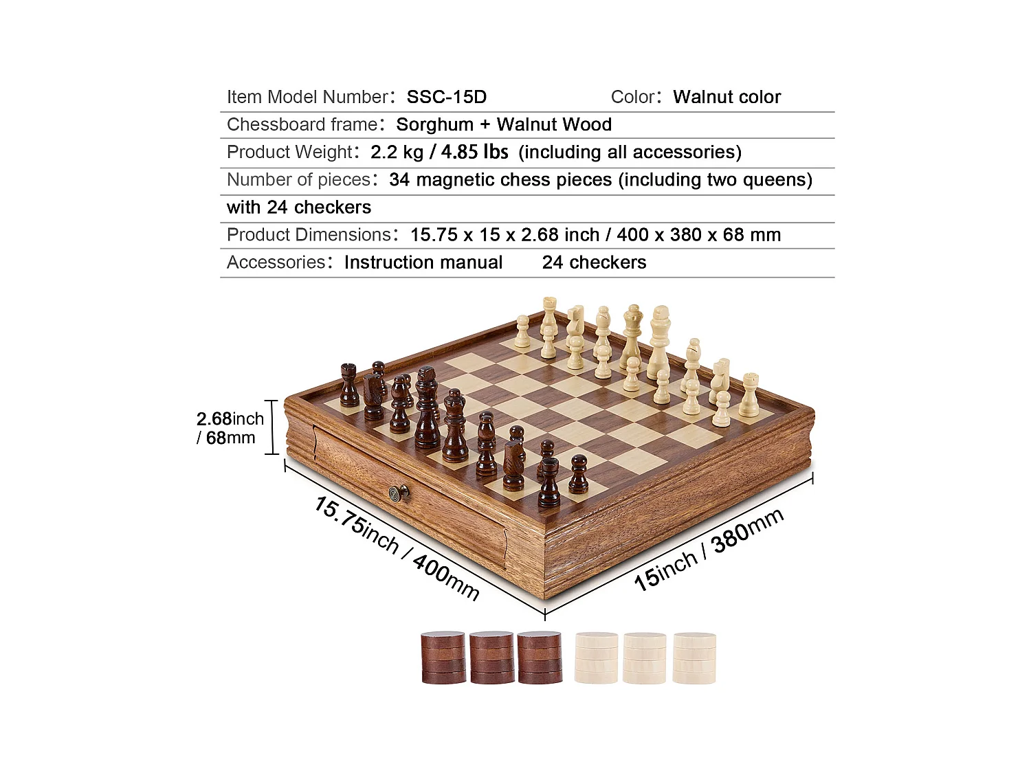 Schach- und Dame-Set SucceBuy, 38 cm, Tragbar mit Schublade, 2 in 1 für Erwachsene, Kinder, Fachleute, Anfänger