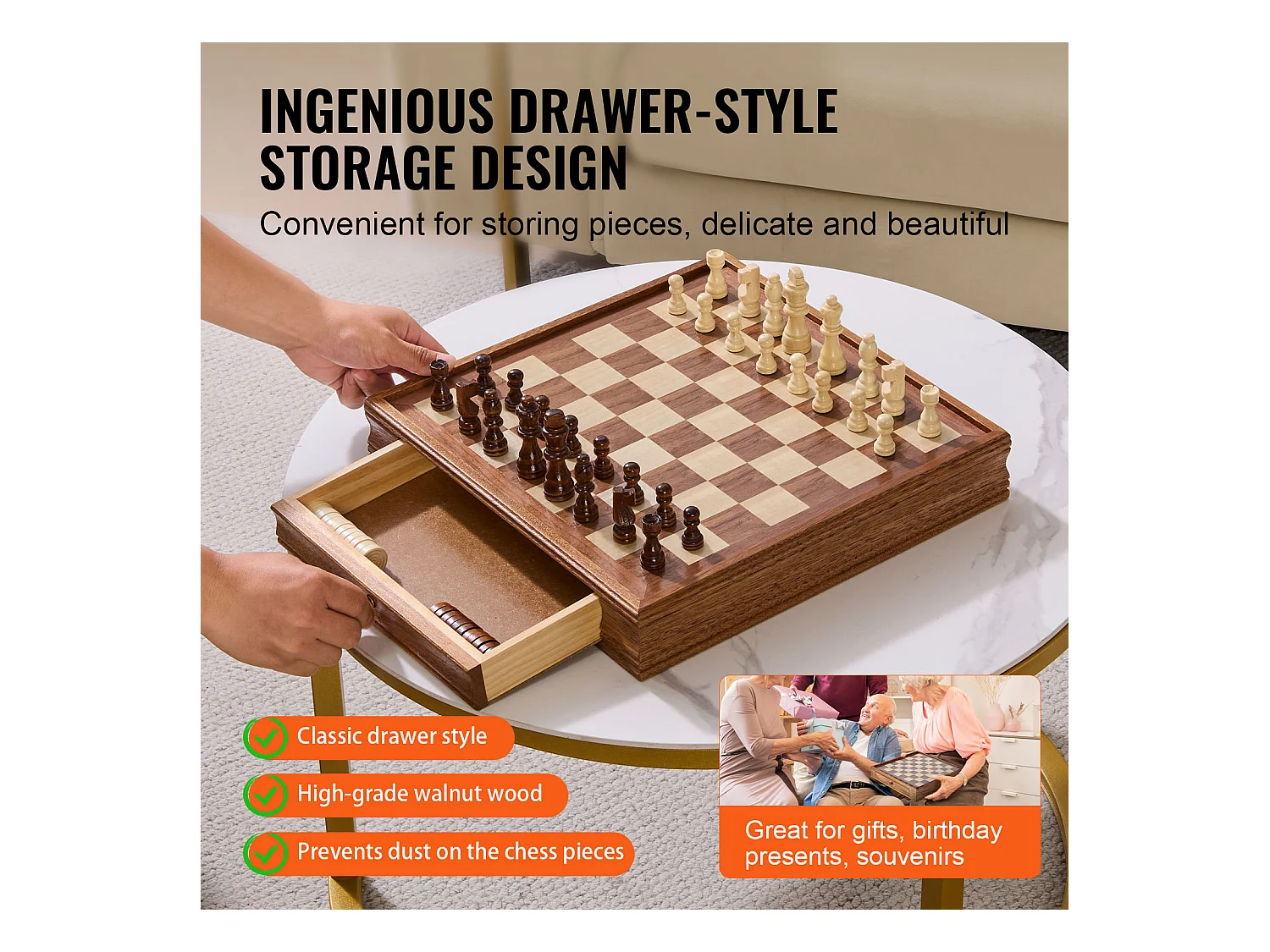Schach- und Dame-Set SucceBuy, 38 cm, Tragbar mit Schublade, 2 in 1 für Erwachsene, Kinder, Fachleute, Anfänger