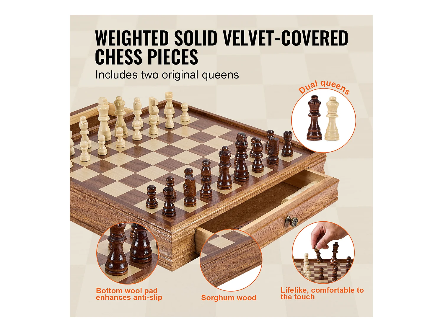 Schach- und Dame-Set SucceBuy, 38 cm, Tragbar mit Schublade, 2 in 1 für Erwachsene, Kinder, Fachleute, Anfänger