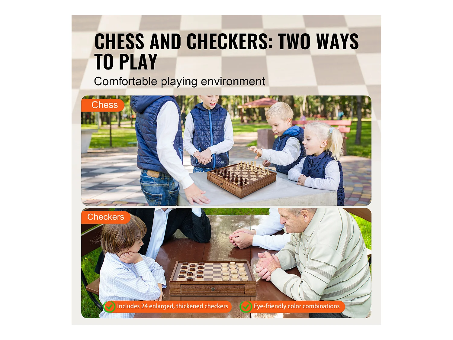 Schach- und Dame-Set SucceBuy, 38 cm, Tragbar mit Schublade, 2 in 1 für Erwachsene, Kinder, Fachleute, Anfänger