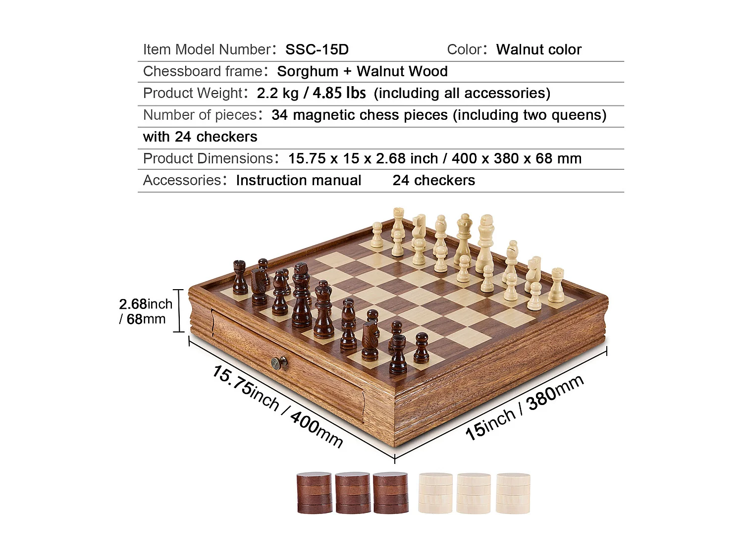 Schach- und Dame-Set SucceBuy, 38 cm, Tragbar mit Schublade, 2 in 1 für Erwachsene, Kinder, Fachleute, Anfänger
