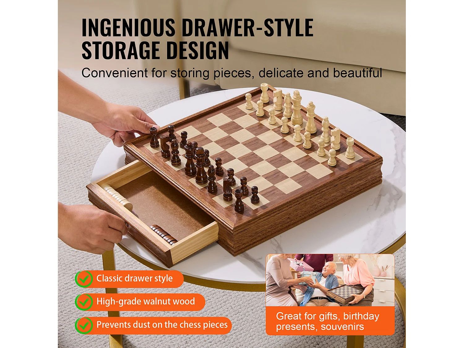 Schach- und Dame-Set SucceBuy, 38 cm, Tragbar mit Schublade, 2 in 1 für Erwachsene, Kinder, Fachleute, Anfänger