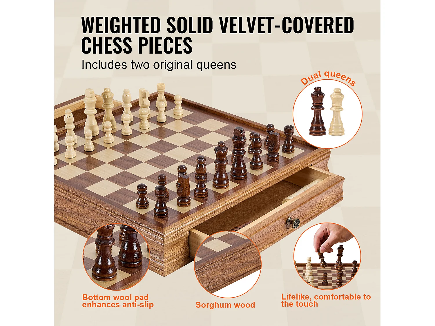Schach- und Dame-Set SucceBuy, 38 cm, Tragbar mit Schublade, 2 in 1 für Erwachsene, Kinder, Fachleute, Anfänger