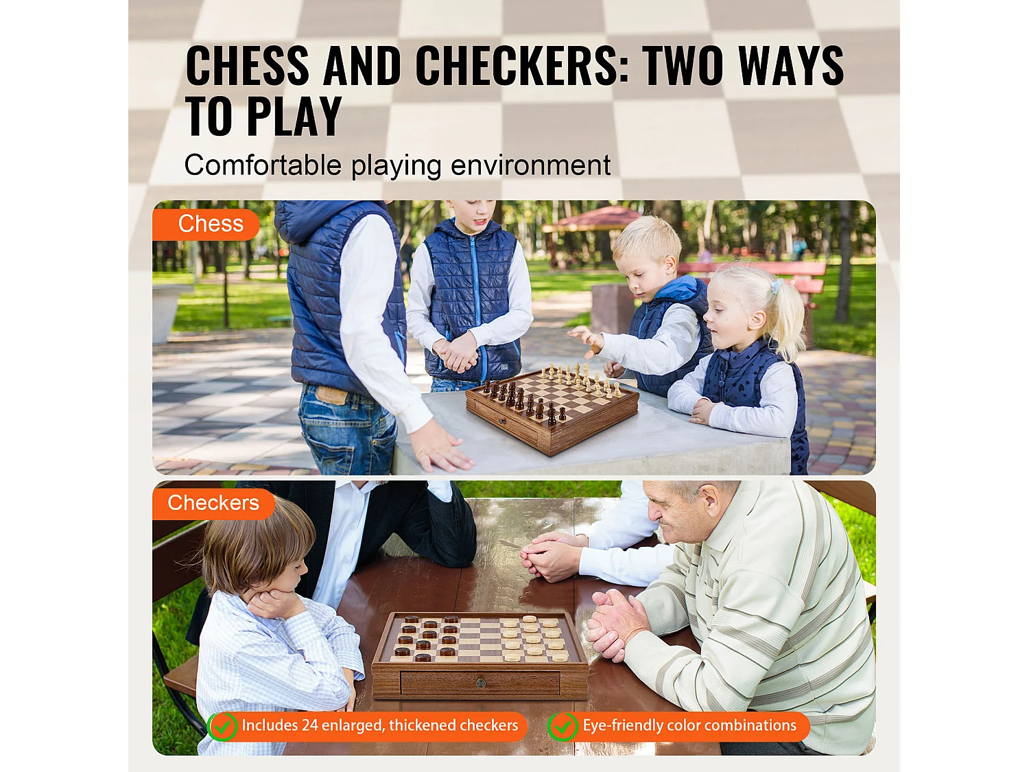 Schach- und Dame-Set SucceBuy, 38 cm, Tragbar mit Schublade, 2 in 1 für Erwachsene, Kinder, Fachleute, Anfänger