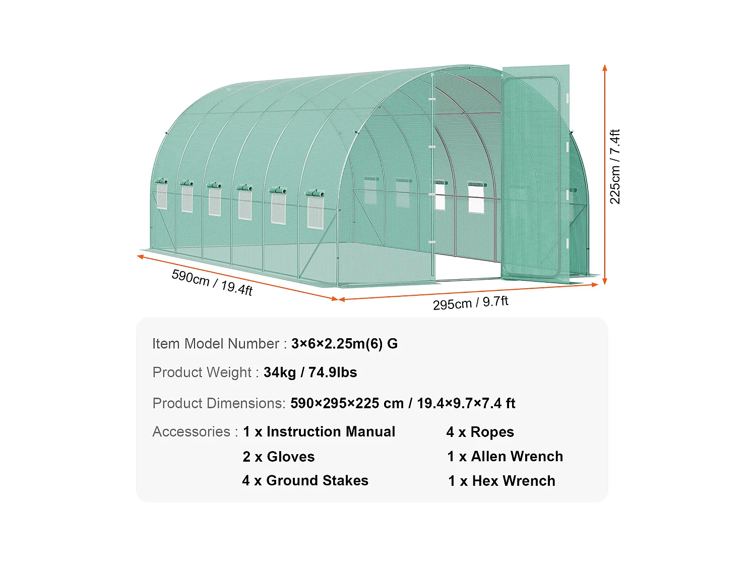 Serre Tunnel SucceBuy 590x295x225 cm, Serre pour Jardinage Extérieur, Cadre en Acier Galvanisé, Vert