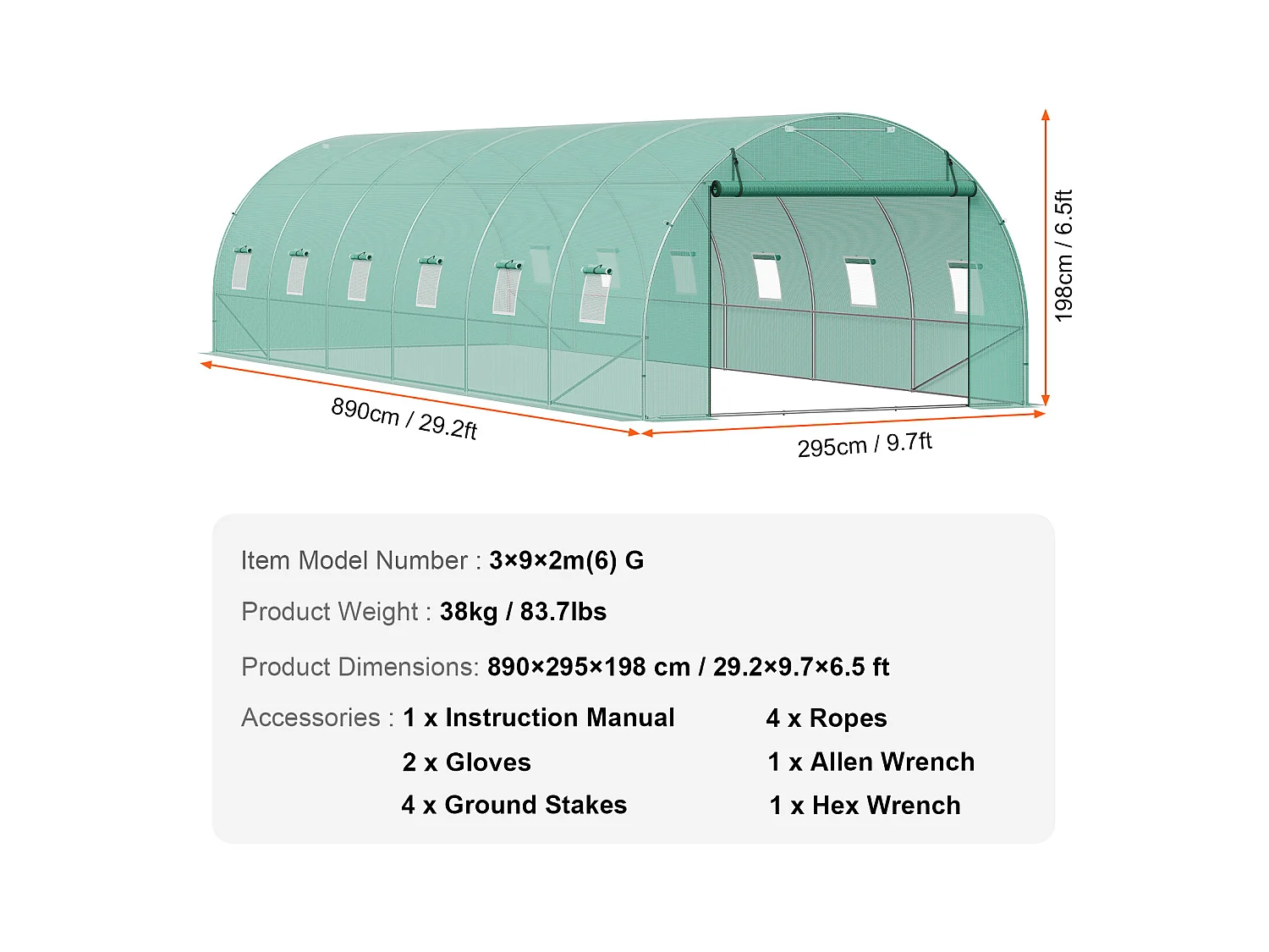 Serre Tunnel SucceBuy 890x295x198 cm, Cadre en Acier Galvanisé, Couverture en PE, Vert