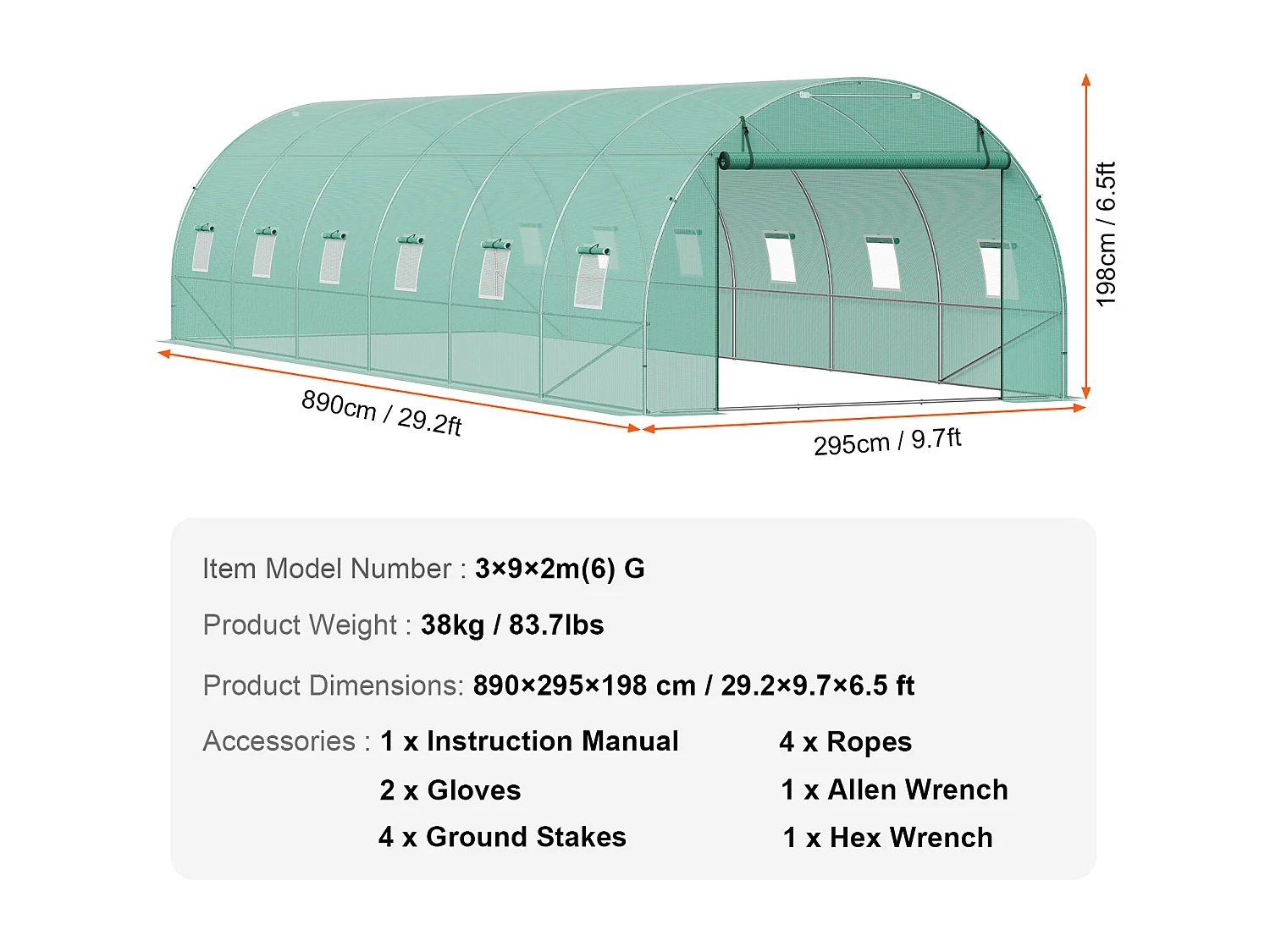 Serre Tunnel SucceBuy 890x295x198 cm, Cadre en Acier Galvanisé, Couverture en PE, Vert