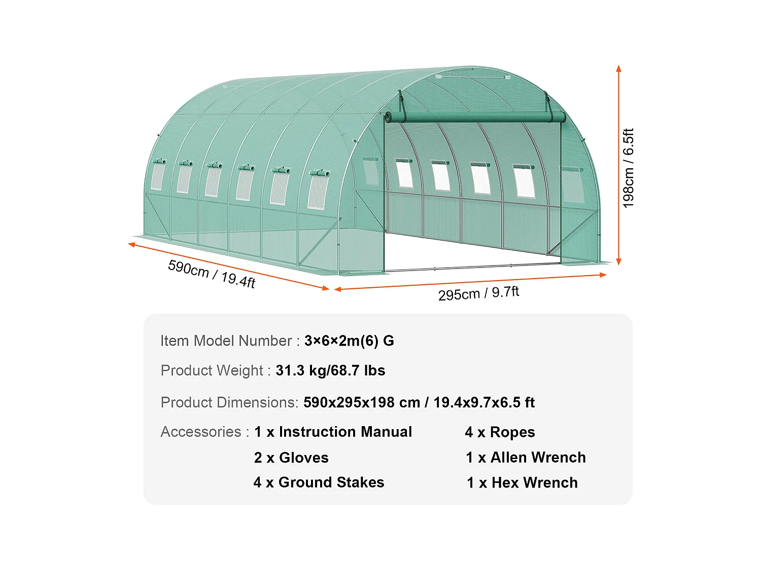 Serre Tunnel SucceBuy 590x295x198 cm, Serre Tunnel de Plain-Pied, Cadre en Acier Galvanisé, Vert