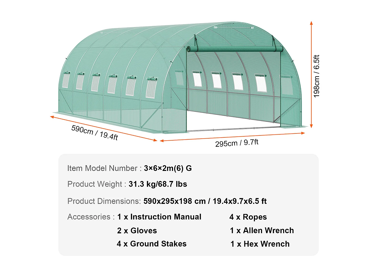 Serre Tunnel SucceBuy 590x295x198 cm, Serre Tunnel de Plain-Pied, Cadre en Acier Galvanisé, Vert