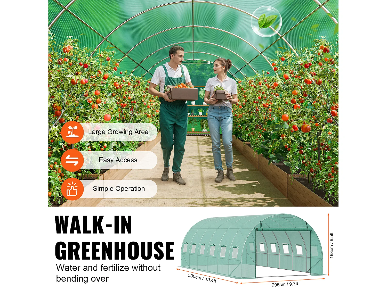 Serre Tunnel SucceBuy 590x295x198 cm, Serre Tunnel de Plain-Pied, Cadre en Acier Galvanisé, Vert