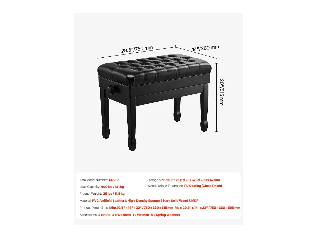 Banc de Piano Réglable SucceBuy, Tabouret de Rangement en Bois pour Clavier, Siège Rembourré