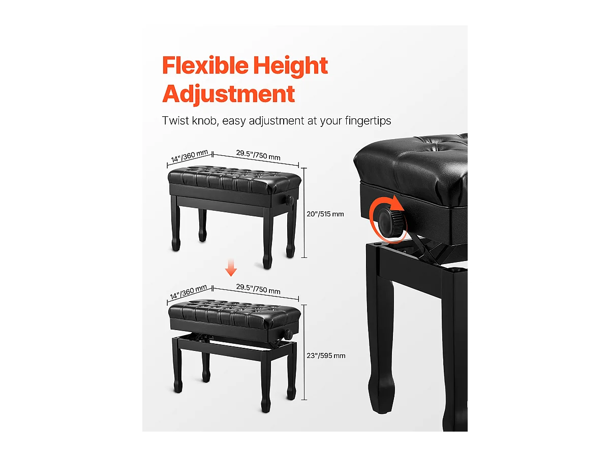 Banc de Piano Réglable SucceBuy, Tabouret de Rangement en Bois pour Clavier, Siège Rembourré