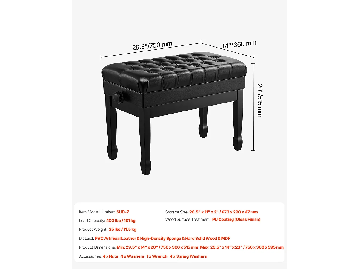 Banc de Piano Réglable SucceBuy, Tabouret de Rangement en Bois pour Clavier, Siège Rembourré