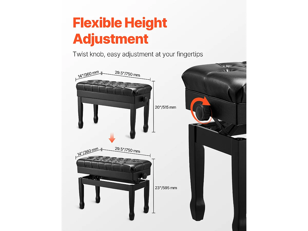 Banc de Piano Réglable SucceBuy, Tabouret de Rangement en Bois pour Clavier, Siège Rembourré