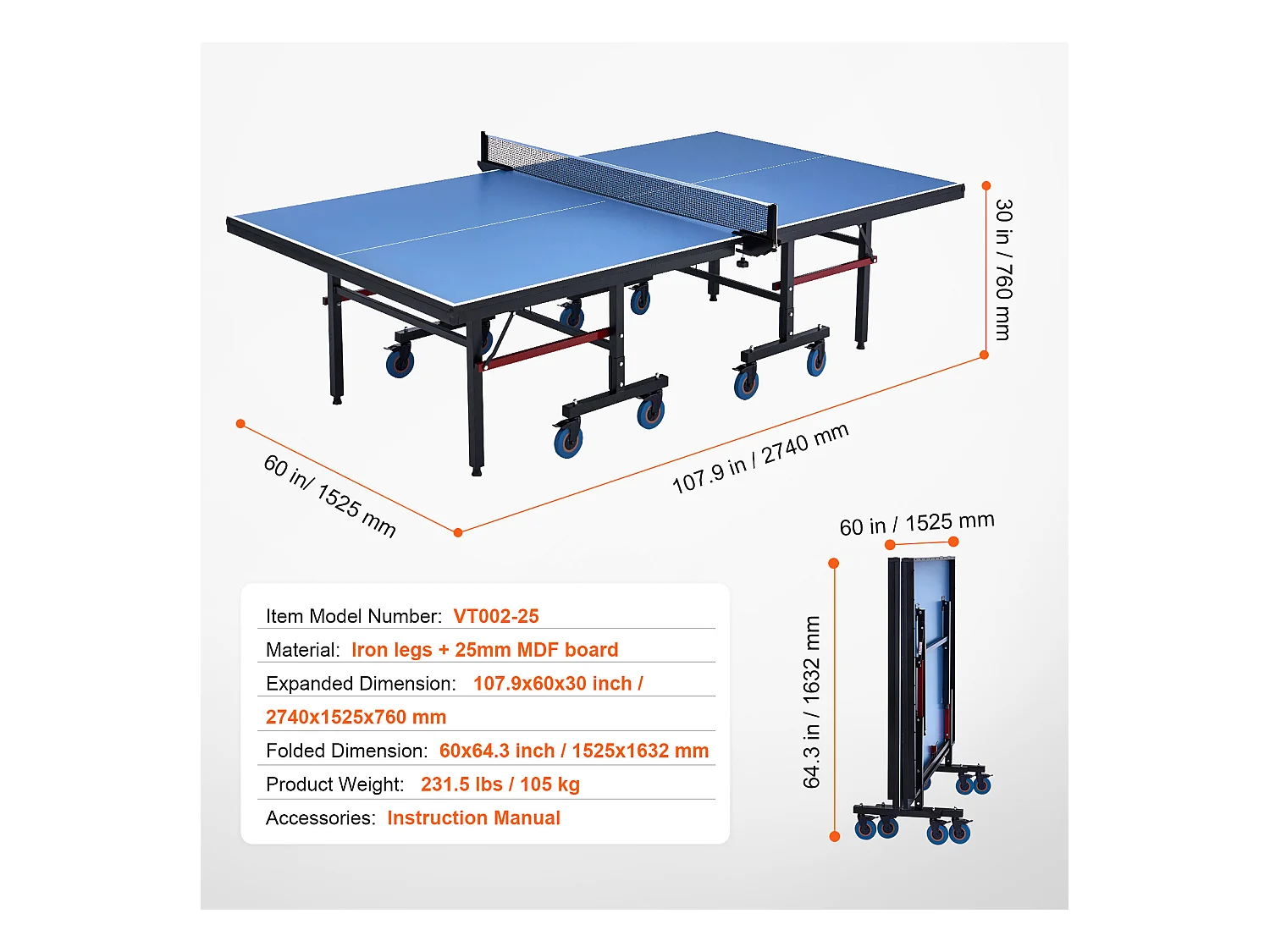 Table de Ping-Pong SucceBuy, Table de Ping-Pong Pliable avec Filet de Serrage, Utilisation en Intérieur