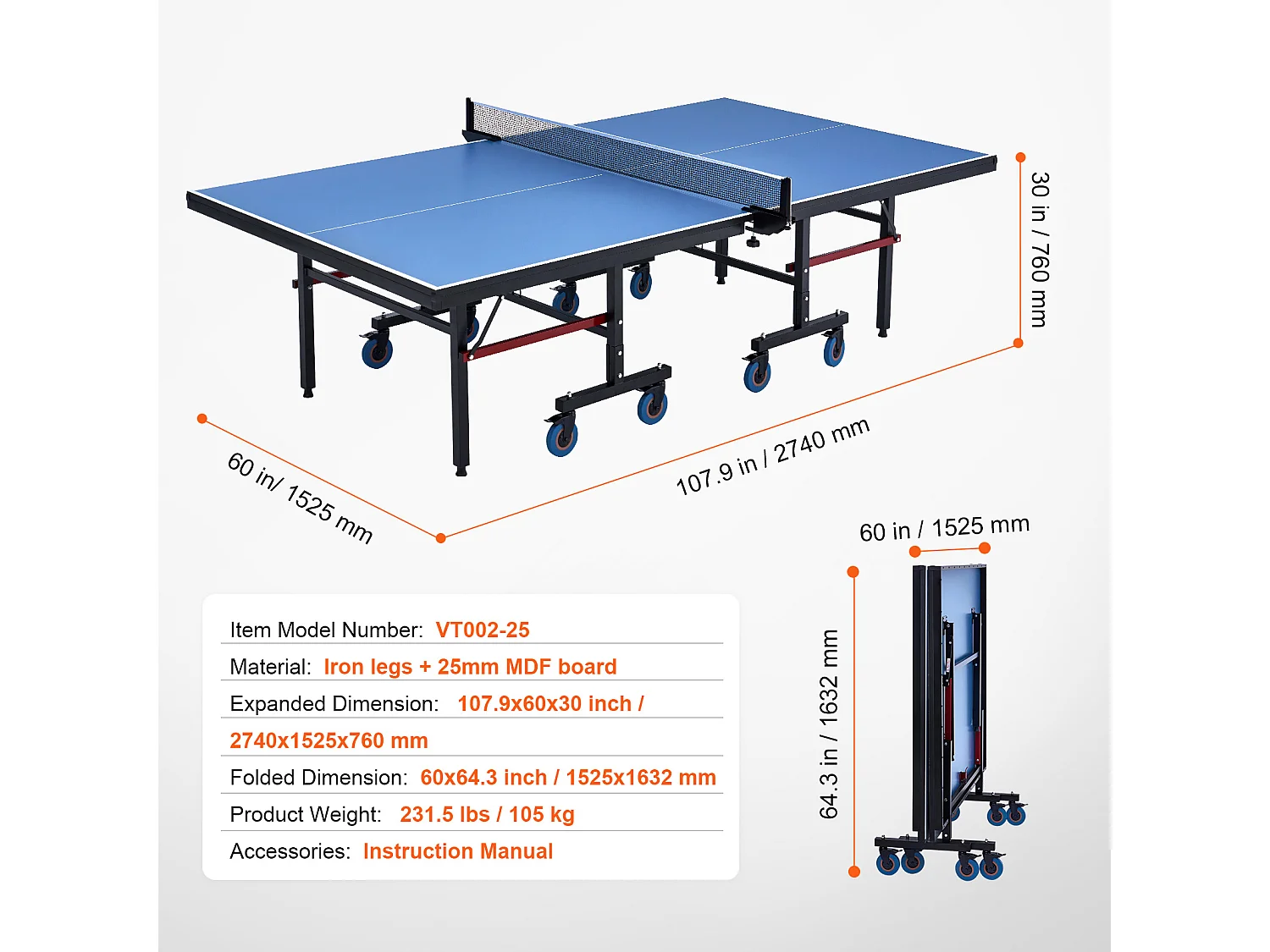 Table de Ping-Pong SucceBuy, Table de Ping-Pong Pliable avec Filet de Serrage, Utilisation en Intérieur