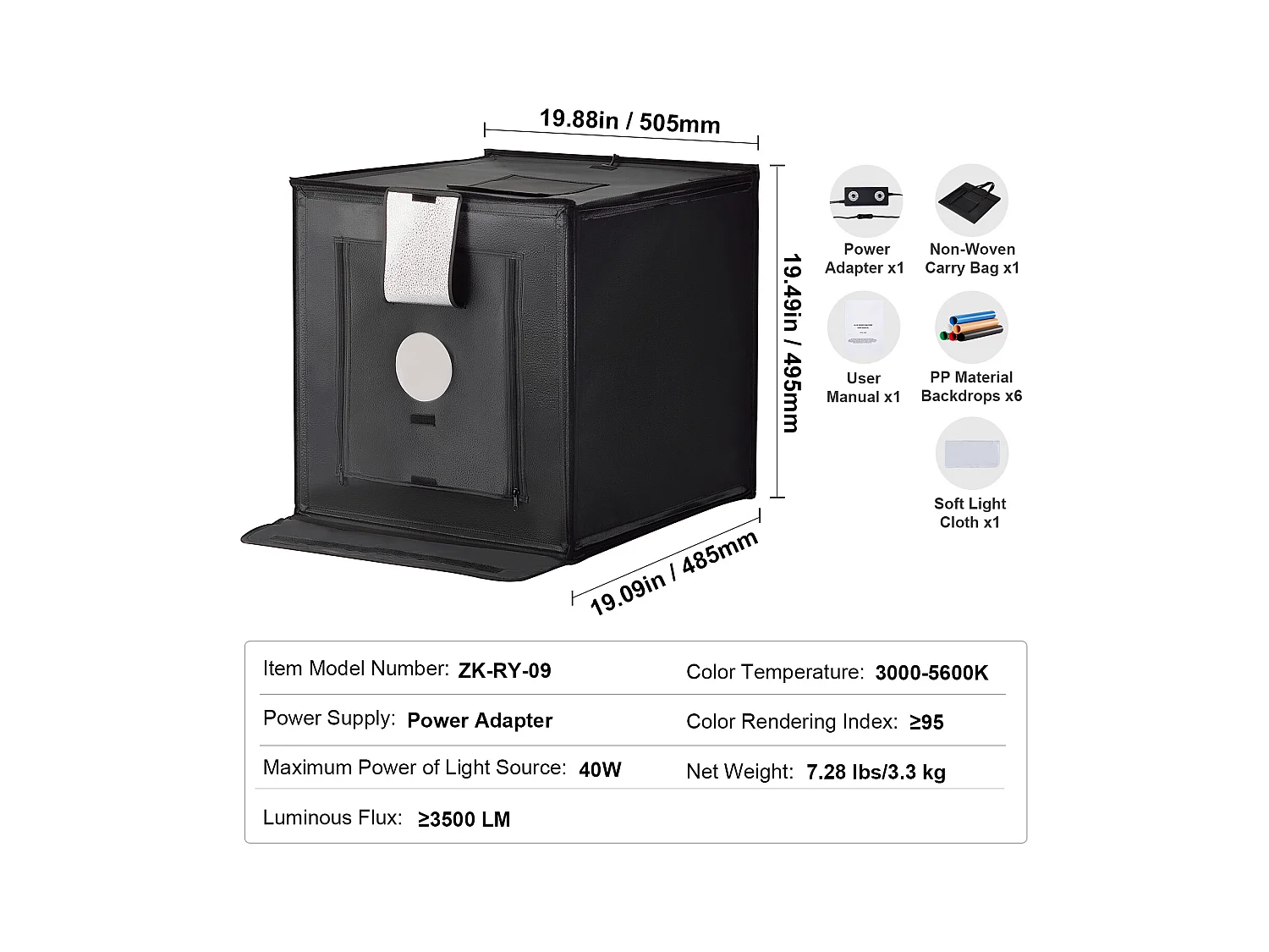 Boîte à Lumière Studio Photo SucceBuy, 50,5x49,5 cm, Températures Réglables de 3000 à 5600 K