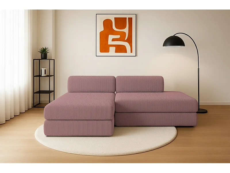 Canapé d'angle modulable et convertible 5 places - Velours côtelé XL - Rose
