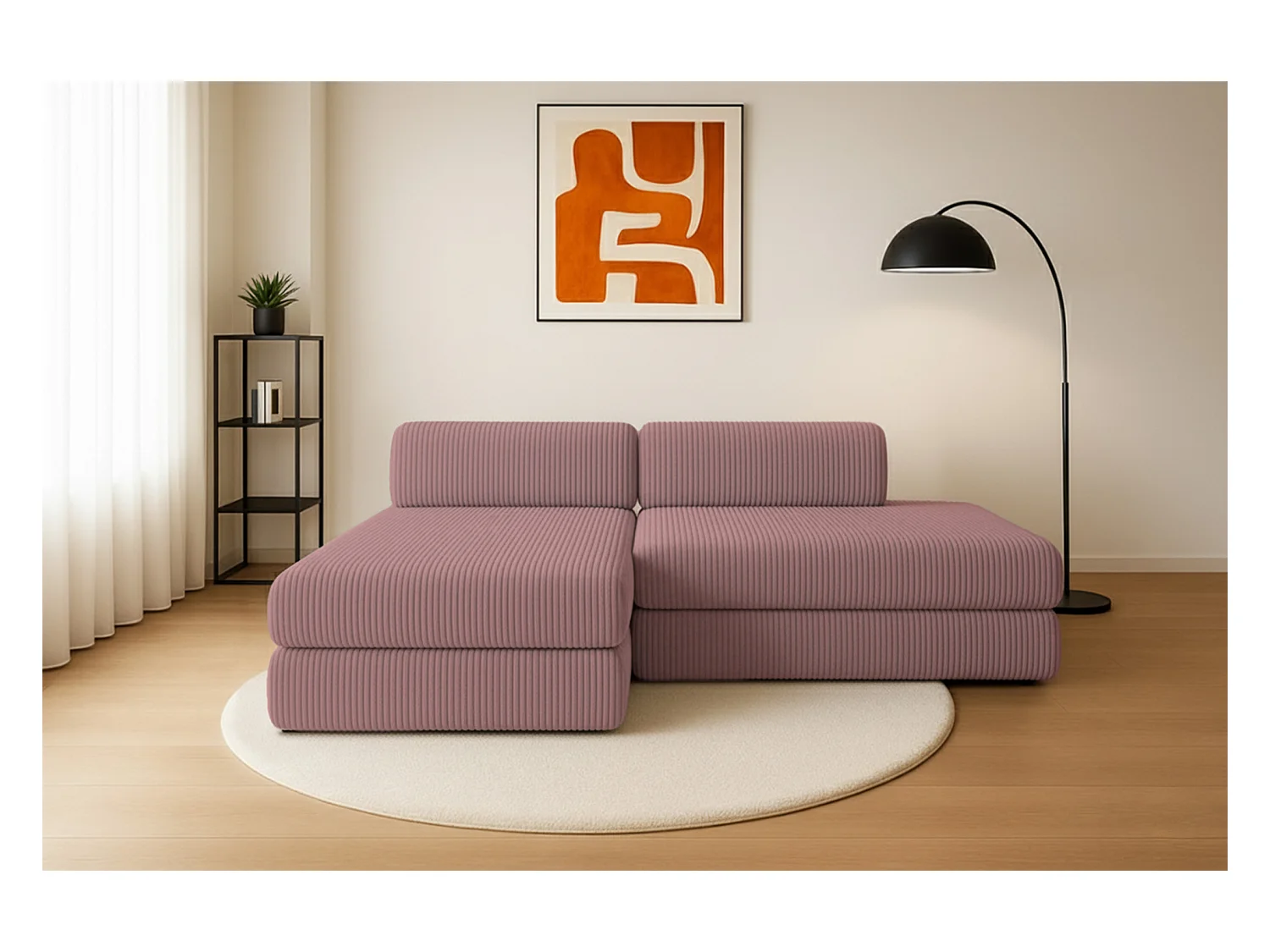Canapé d'angle modulable et convertible 5 places - Velours côtelé XL - Rose