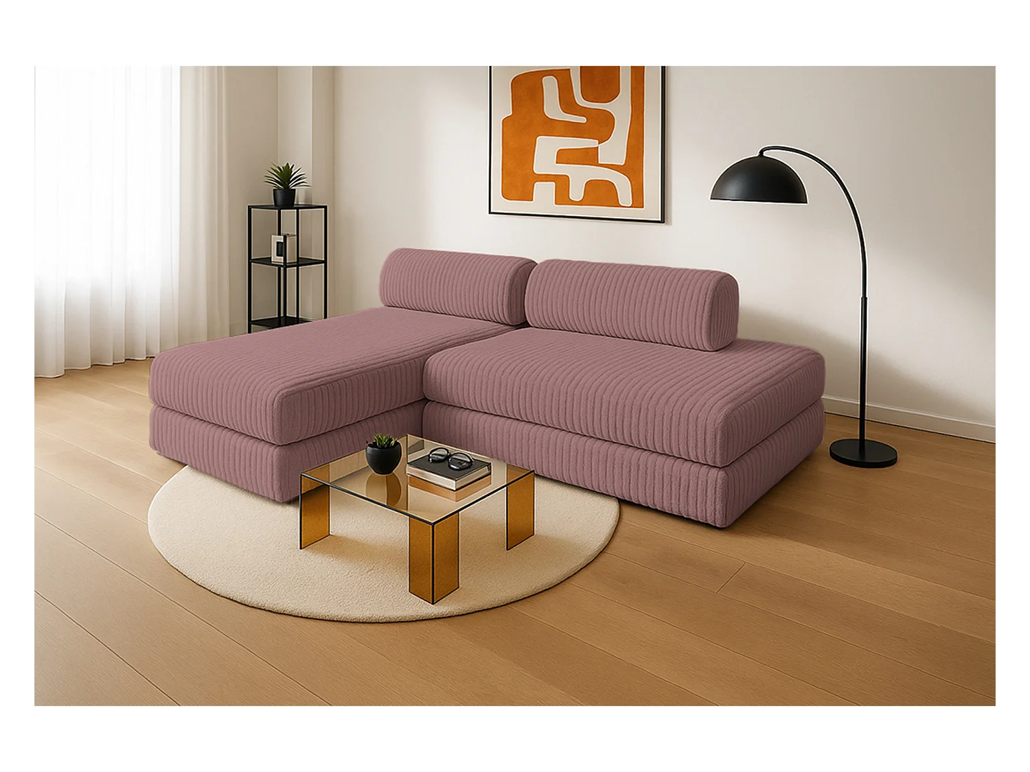 Canapé d'angle modulable et convertible 5 places - Velours côtelé XL - Rose
